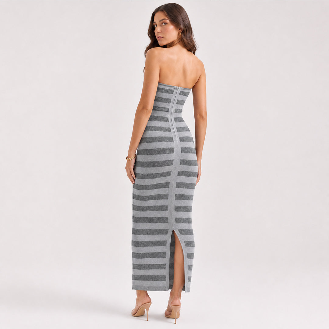 Striped Strapless Knit Maxi Dress - Grey