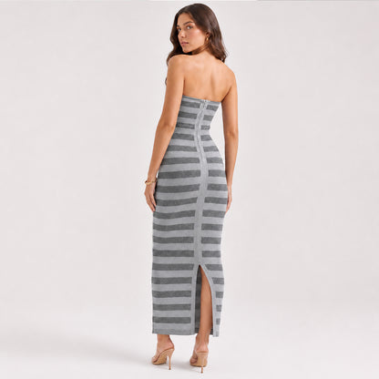 Striped Strapless Knit Maxi Dress - Grey