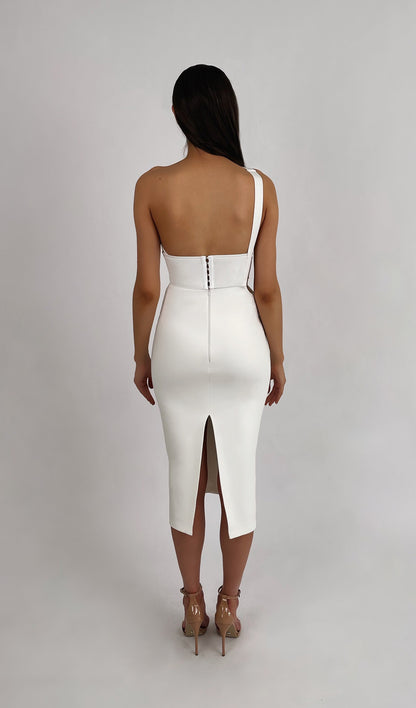 Luxe White Asymmetric Cutout Midi Dress
