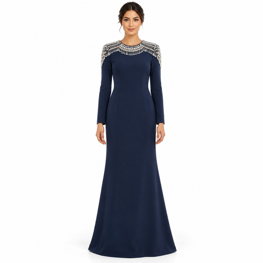 Embellished Epaulet Long-Sleeve Column Gown - Midnight Navy