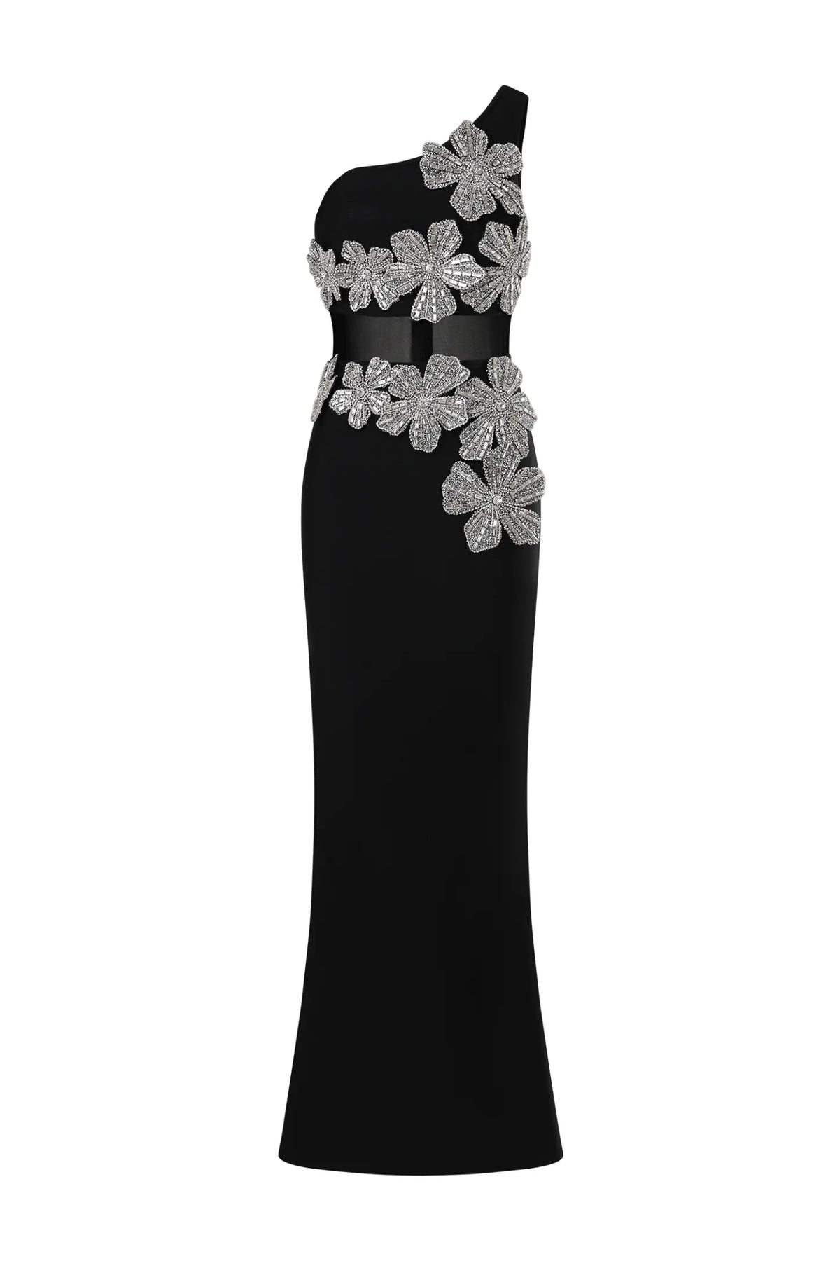 One-Shoulder Crystal Floral Illusion Evening Gown - Black