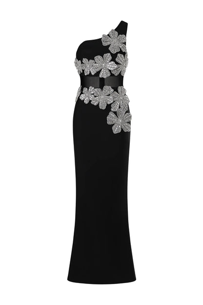 One-Shoulder Crystal Floral Illusion Evening Gown - Black
