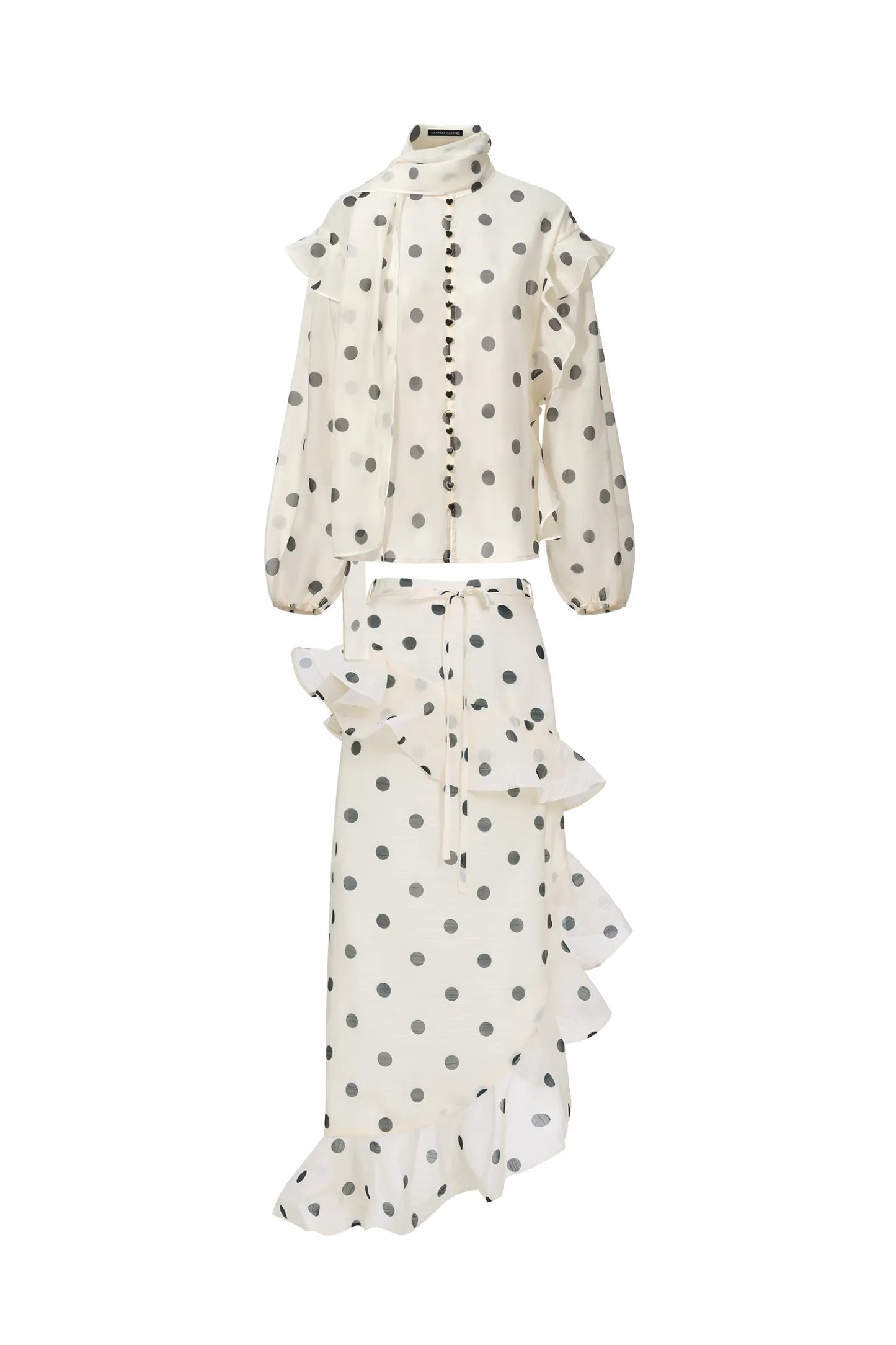 Elegant Polka-Dot Chiffon Blouse and Ruffled Midi Skirt Set