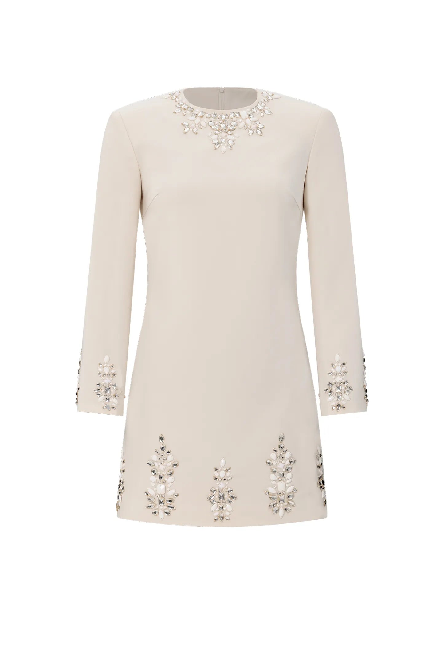 Ivory Embellished Long-Sleeve Shift Mini Dress