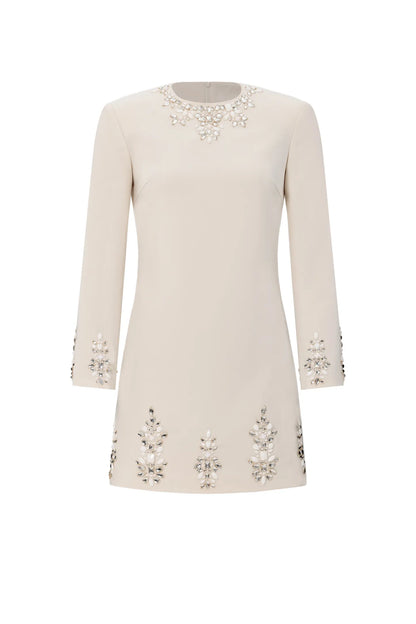Ivory Embellished Long-Sleeve Shift Mini Dress