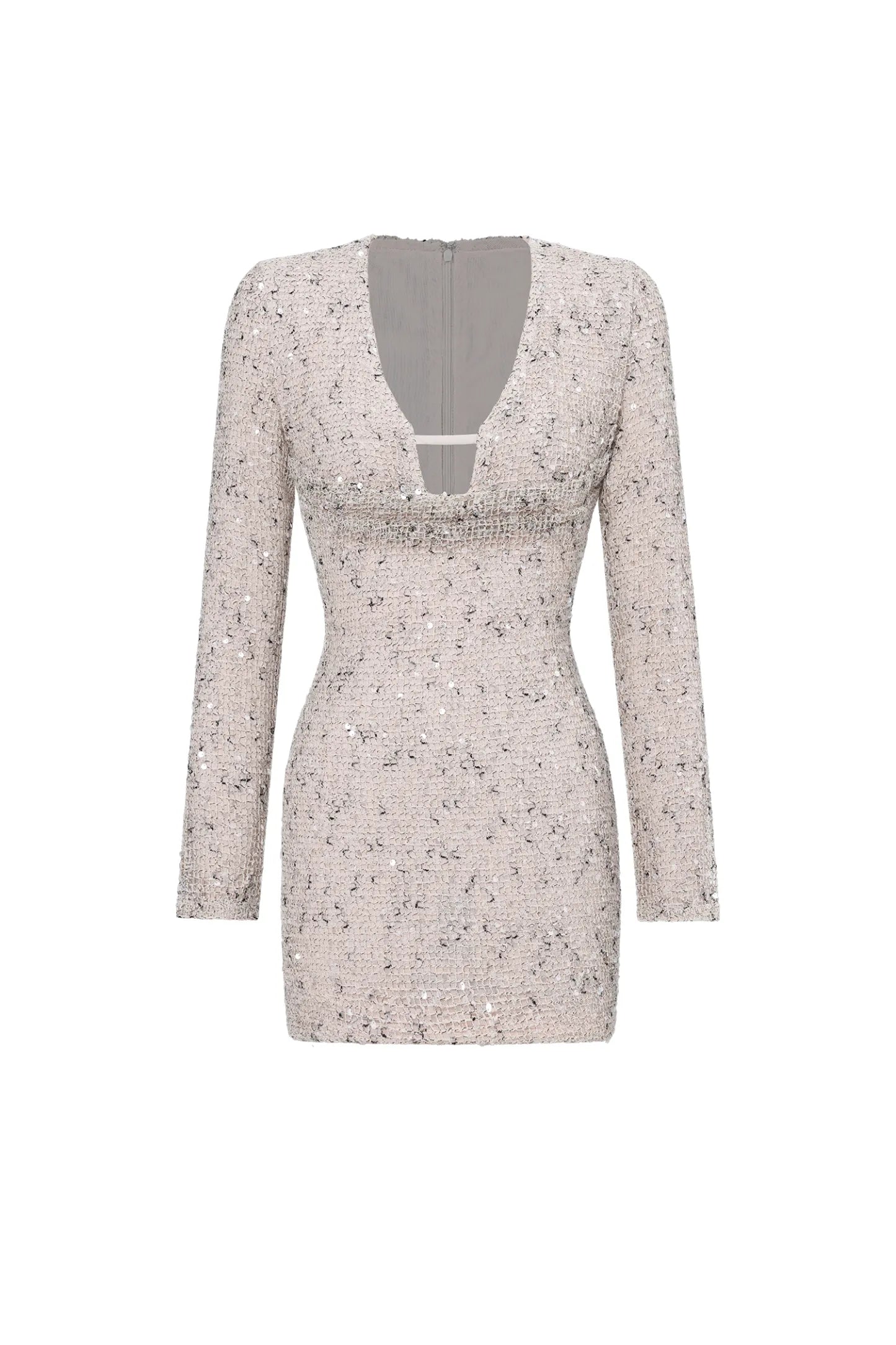 Champagne Sequin Long-Sleeve Plunge Mini Dress