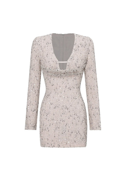 Champagne Sequin Long-Sleeve Plunge Mini Dress