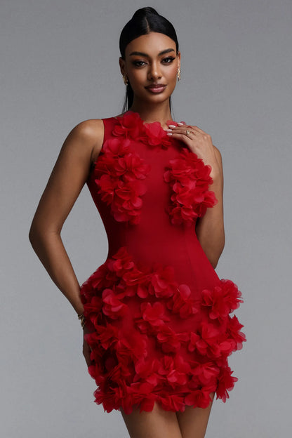 Sleeveless Red 3D Floral Applique Bodycon Mini Dress