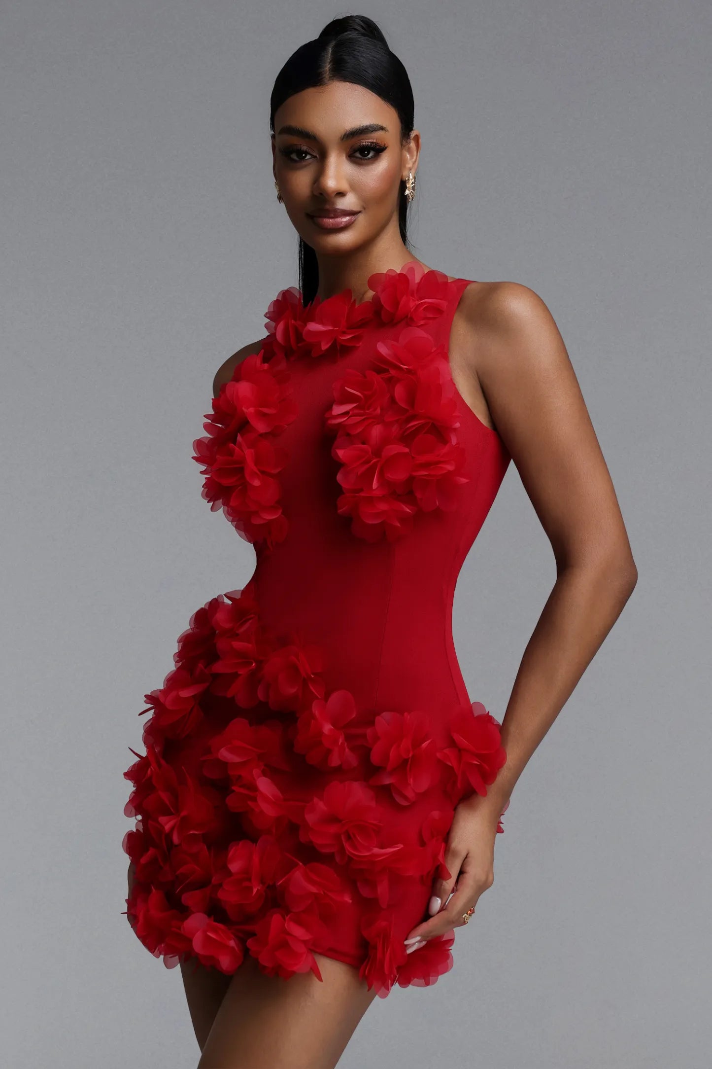 Sleeveless Red 3D Floral Applique Bodycon Mini Dress