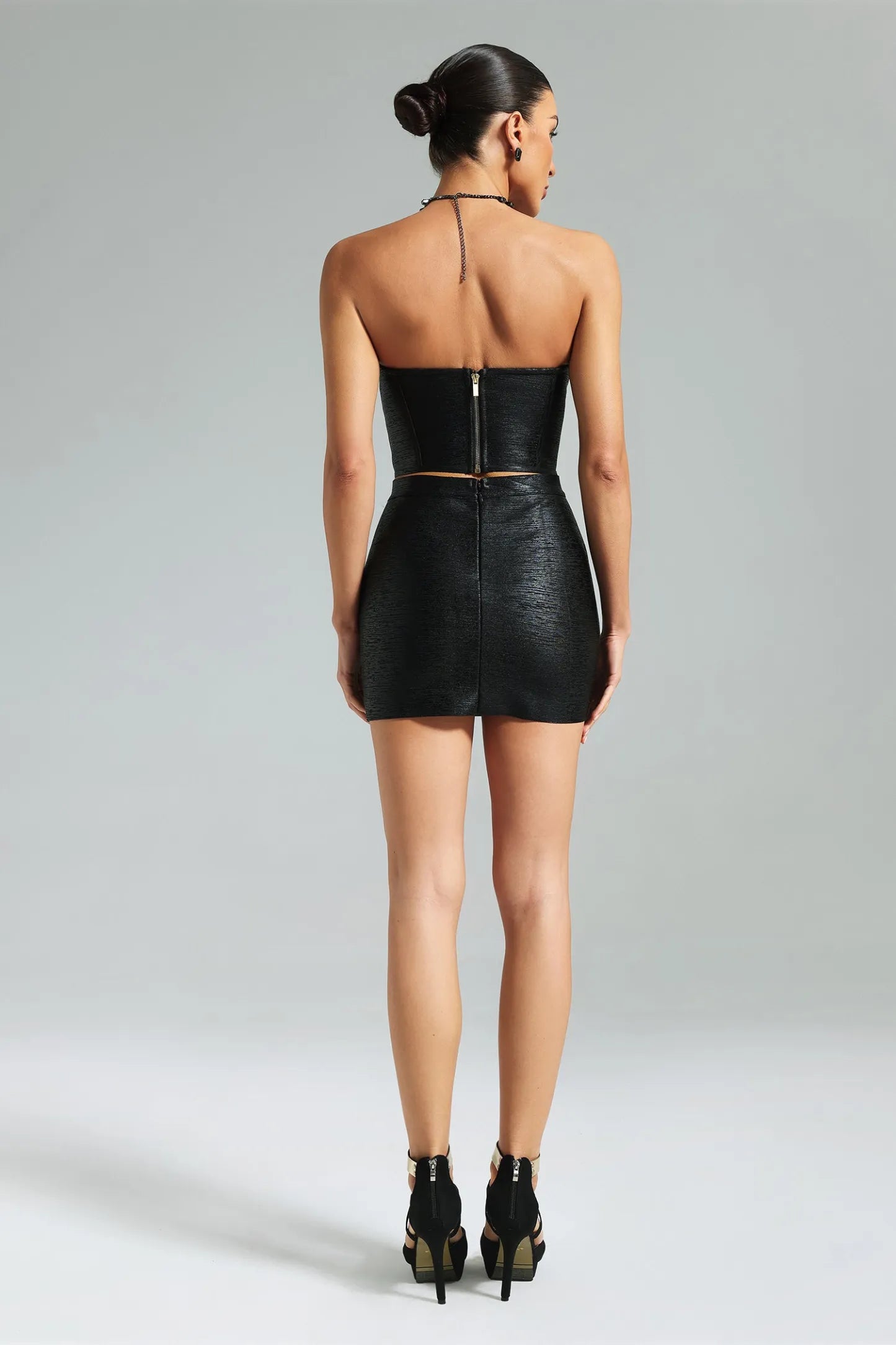 Black Faux Leather Strapless Corset and Mini Skirt Set