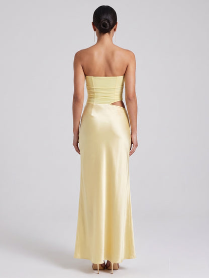 Strapless Ruched Corset Satin Maxi Dress - Pale Yellow