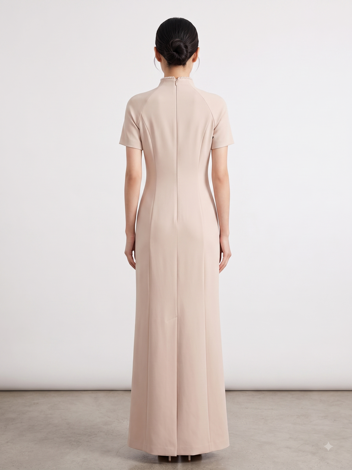 Crystal Floral Appliqué Cap Sleeve Column Dress - Champagne