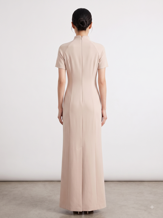 Crystal Floral Appliqué Cap Sleeve Column Dress - Champagne
