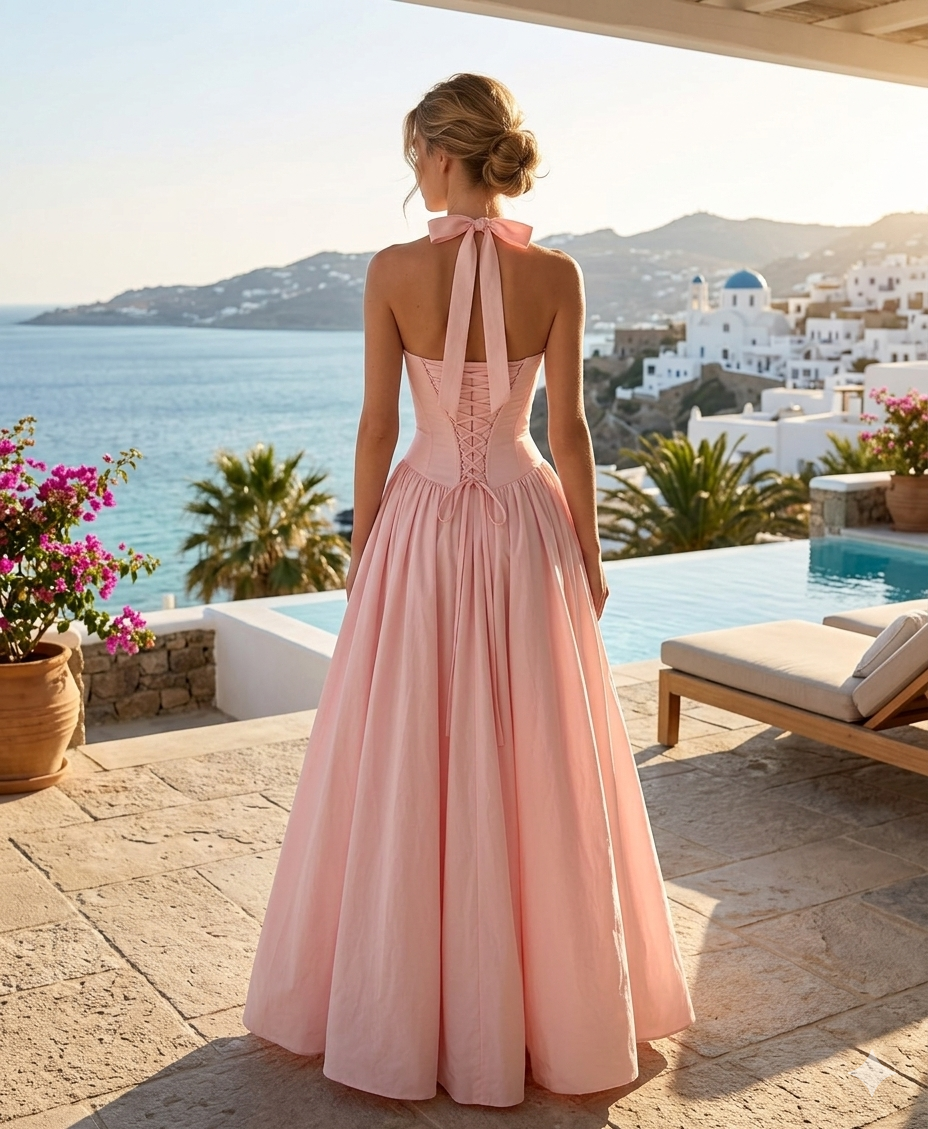 Romantic Blush Pink Ruched Halter Gown