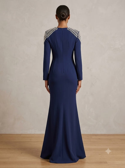 Embellished Epaulet Long-Sleeve Column Gown - Midnight Navy