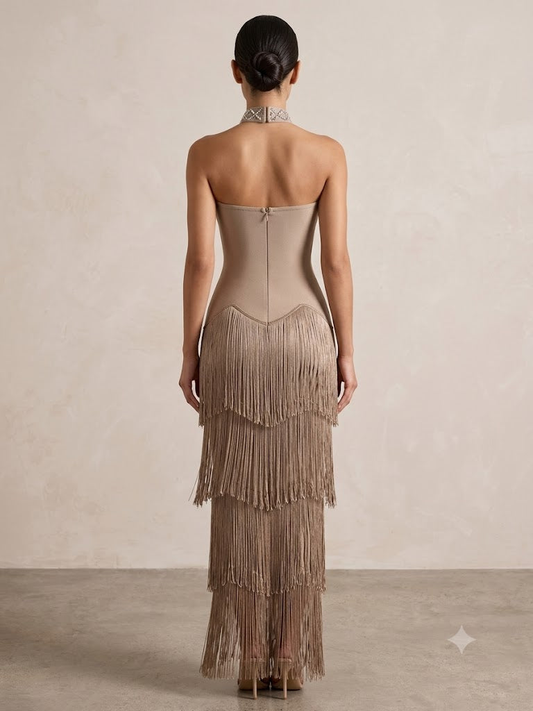 Beaded Lattice Tiered Fringe Gown - Champagne Taupe