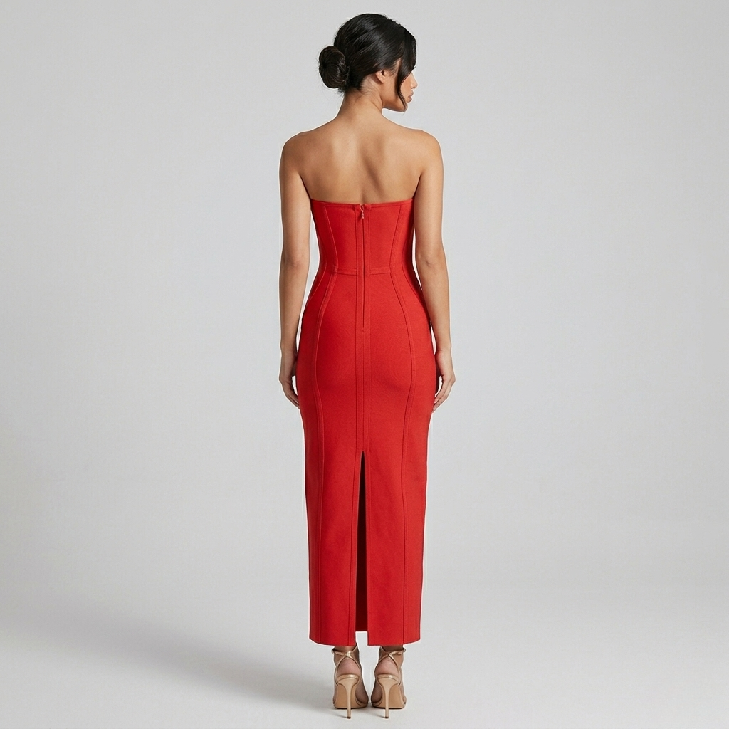 Scarlet Aura Strapless Cut-Out Maxi Dress - Vibrant Red