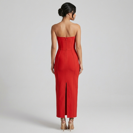 Scarlet Aura Strapless Cut-Out Maxi Dress - Vibrant Red