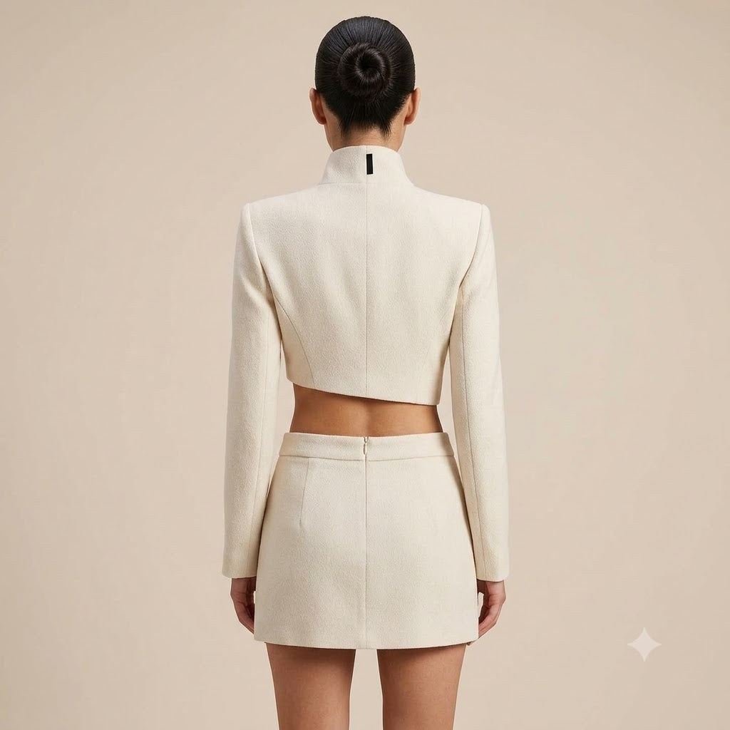 Architectural Asymmetrical Cropped Jacket & Skirt Set - Oat Beige