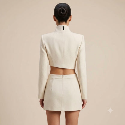 Architectural Asymmetrical Cropped Jacket & Skirt Set - Oat Beige