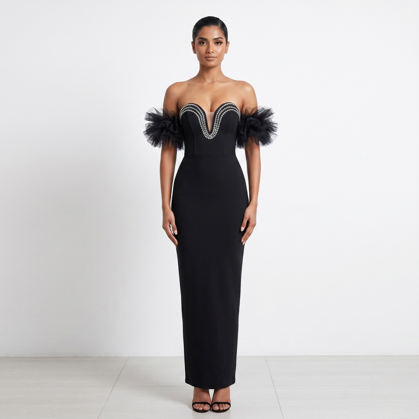 Noir Duchess Crystal Trim Off-Shoulder Evening Gown