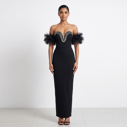 Noir Duchess Crystal Trim Off-Shoulder Evening Gown