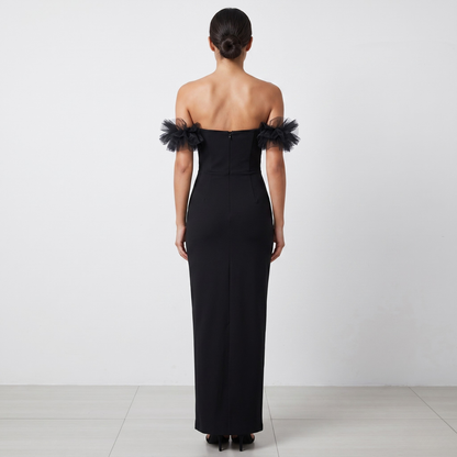 Noir Duchess Crystal Trim Off-Shoulder Evening Gown