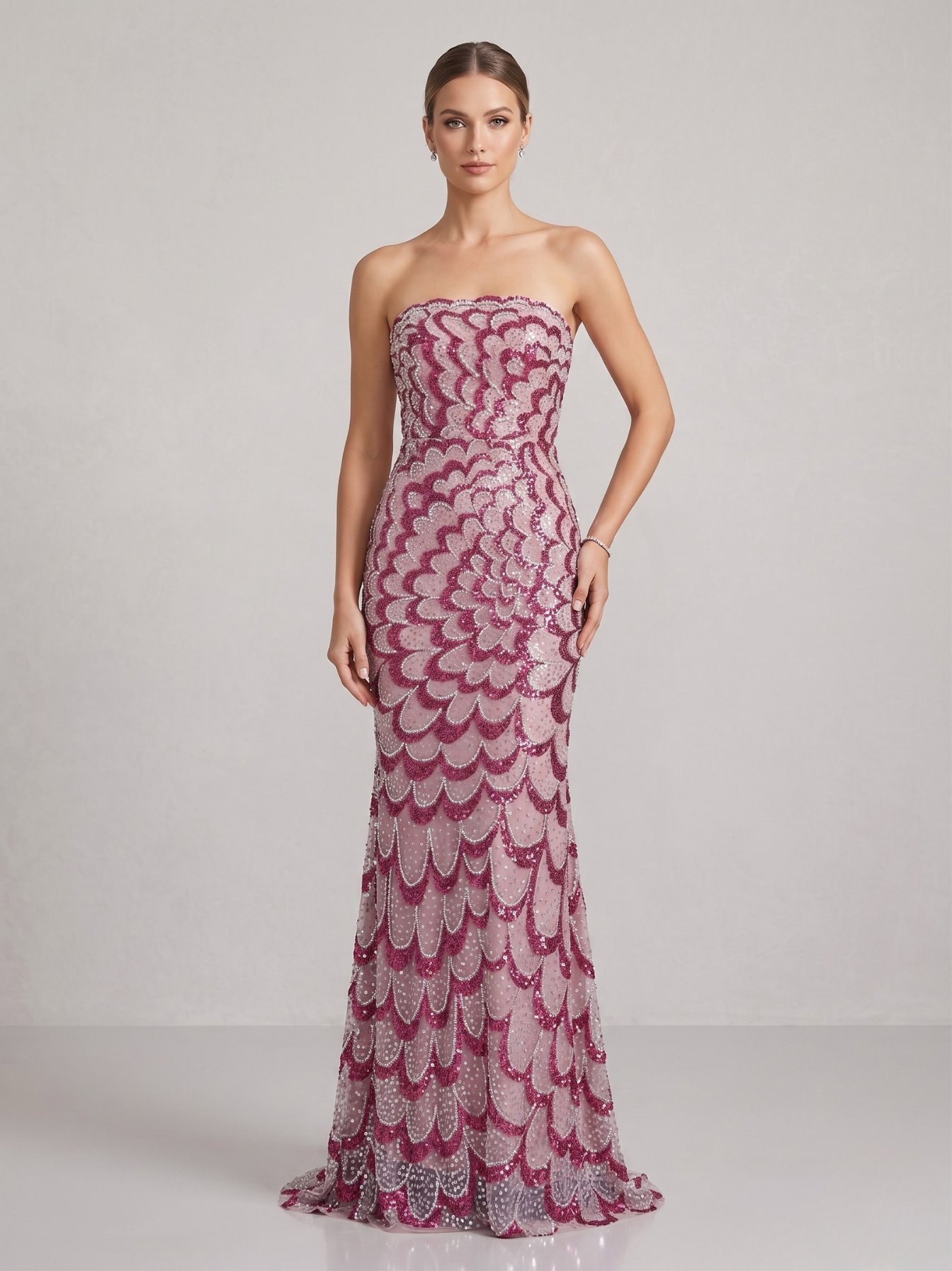 Seraphina Strapless Sequin Scalloped Mermaid Gown in Mauve and Berry