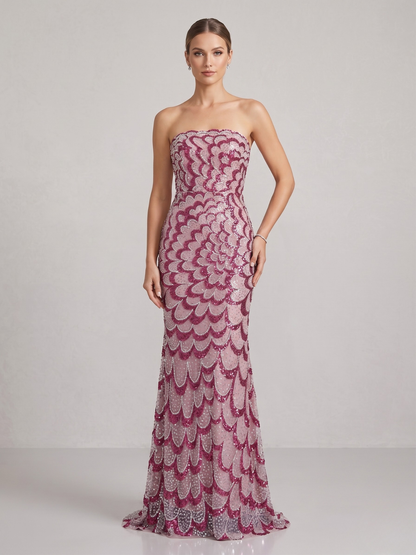 Seraphina Strapless Sequin Scalloped Mermaid Gown in Mauve and Berry