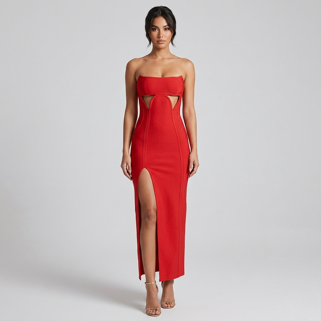 Scarlet Aura Strapless Cut-Out Maxi Dress - Vibrant Red