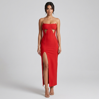 Scarlet Aura Strapless Cut-Out Maxi Dress - Vibrant Red