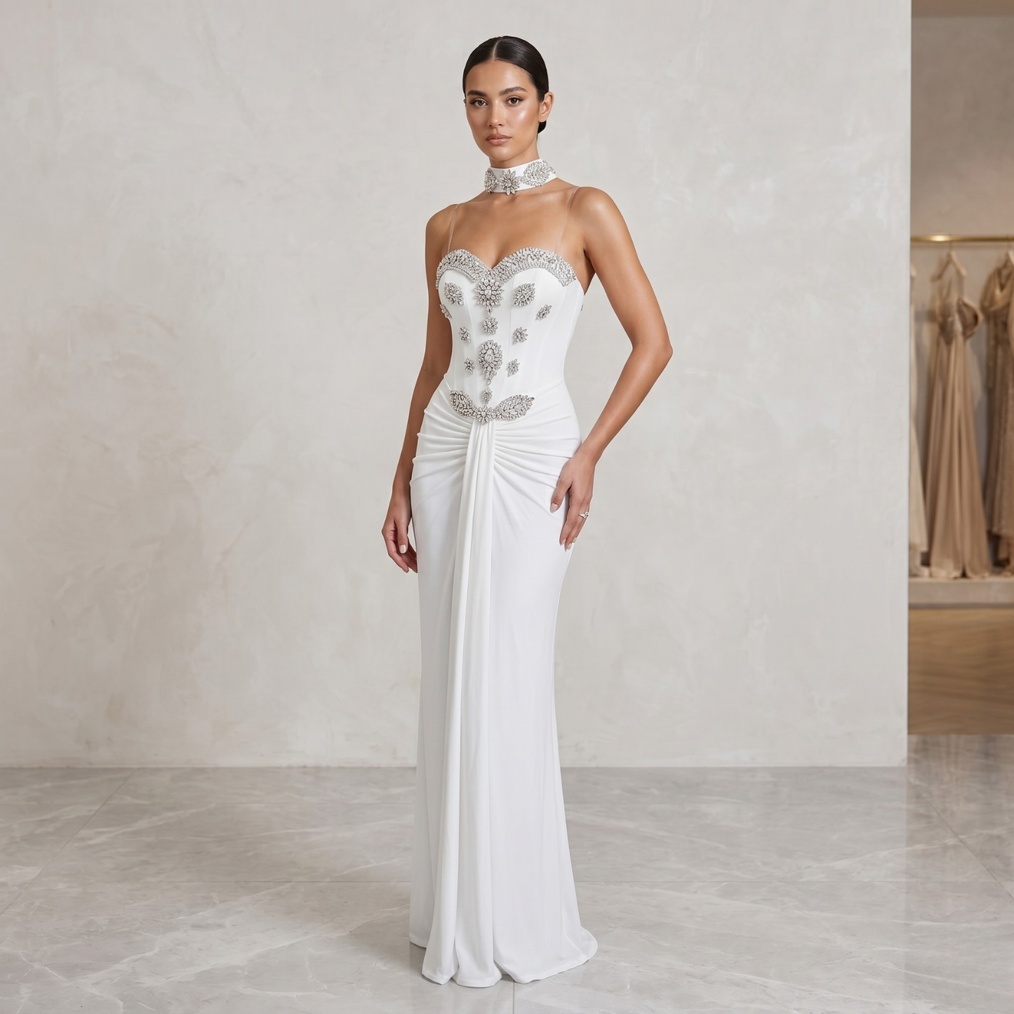 Ethereal Crystal-Adorned White Floor-Length Gown with Statement Collar