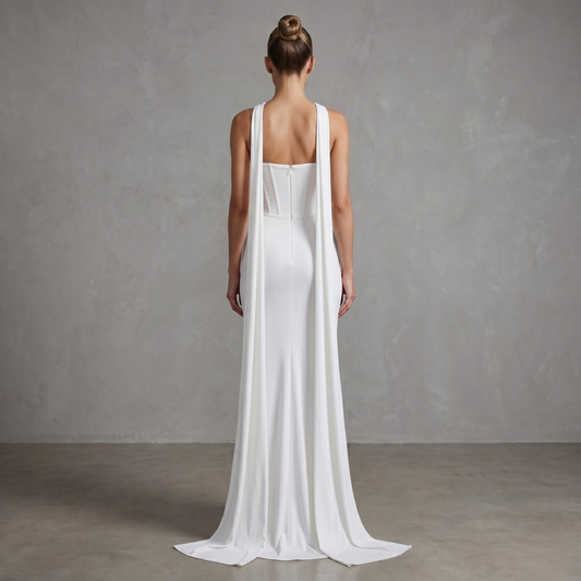 Ethereal Crystal-Adorned White Floor-Length Gown with Statement Collar