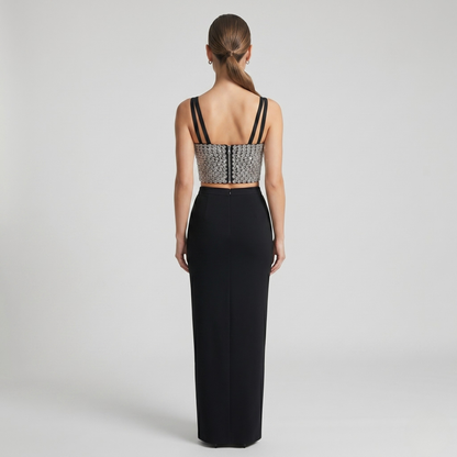 Embellished Silver Sequin Crop Top & High-Waisted Maxi Skirt Set