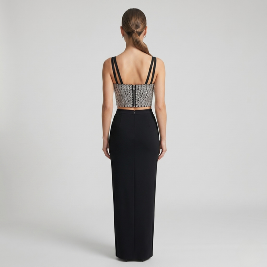 Embellished Silver Sequin Crop Top & High-Waisted Maxi Skirt Set