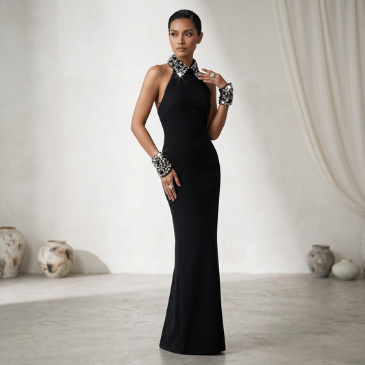 Midnight Elegance Embellished Halter Evening Gown