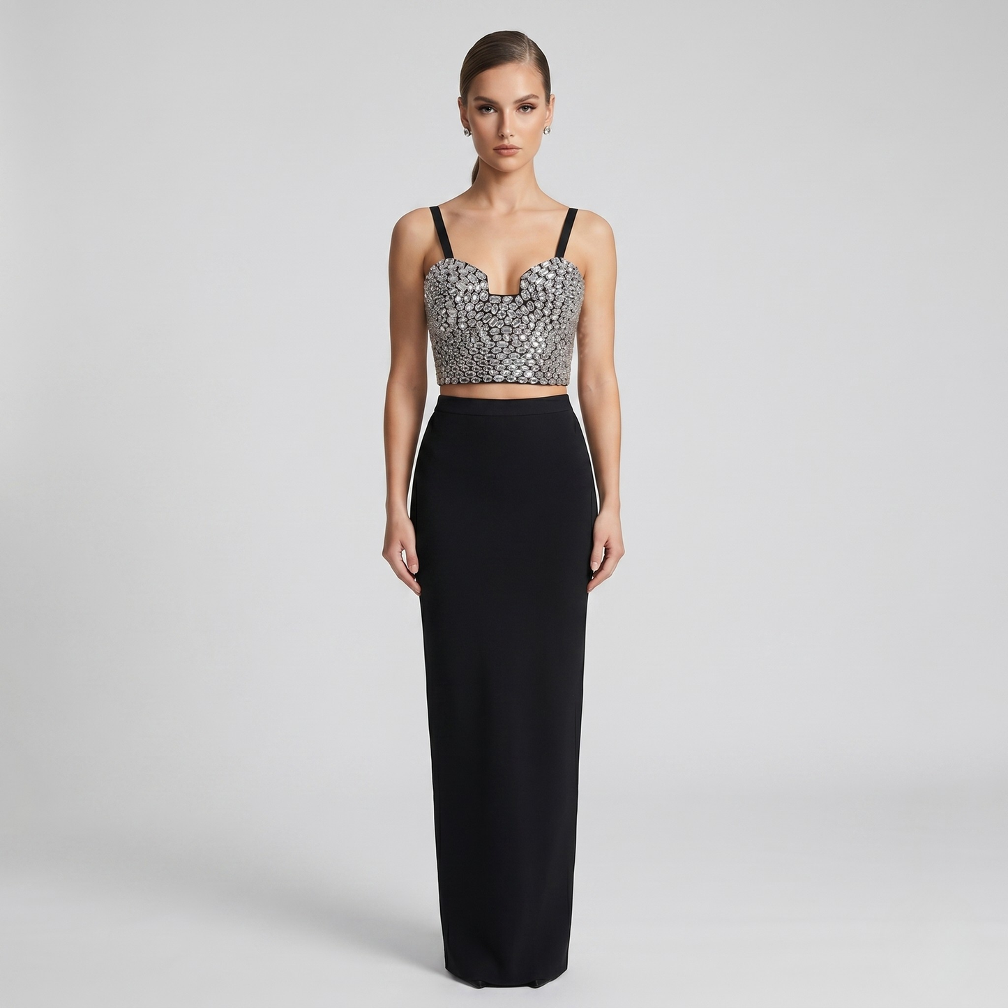 Embellished Silver Sequin Crop Top & High-Waisted Maxi Skirt Set