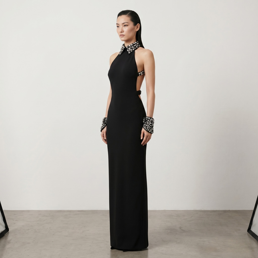 Midnight Elegance Embellished Halter Evening Gown