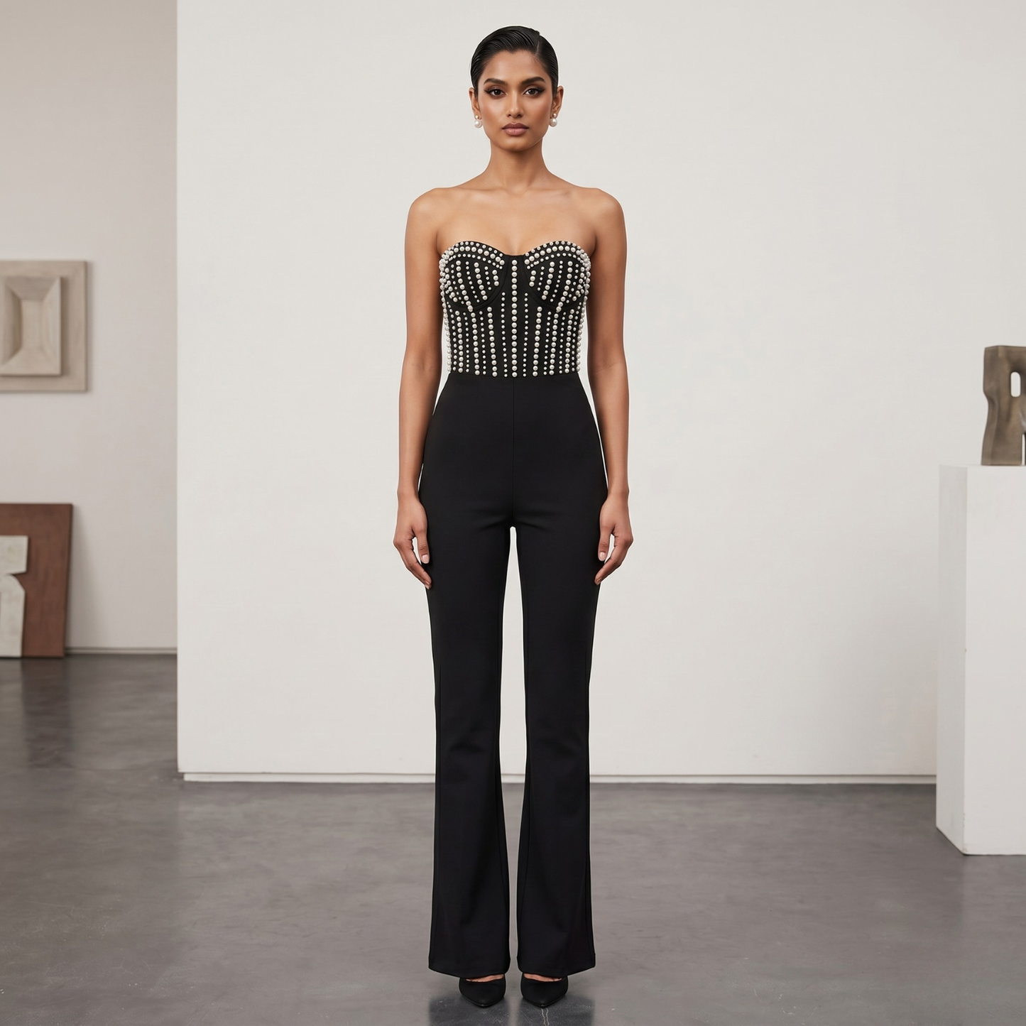 Noir Pearl Embellished Strapless Jumpsuit
