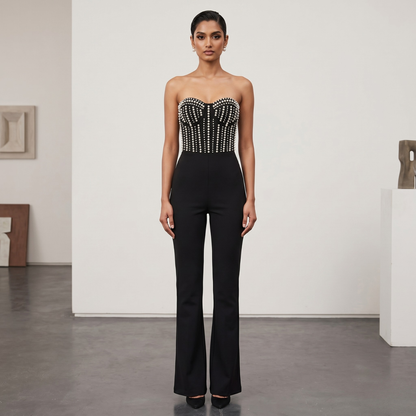 Noir Pearl Embellished Strapless Jumpsuit