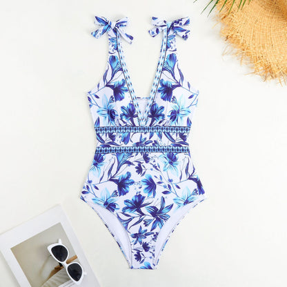 V-neck,blue floral print,swimsuit with a high-wasted sheer skirt