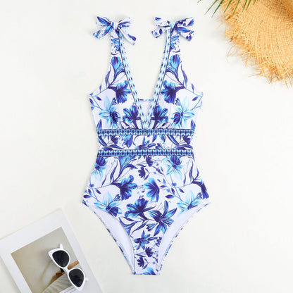V-neck,blue floral print,swimsuit with a high-wasted sheer skirt