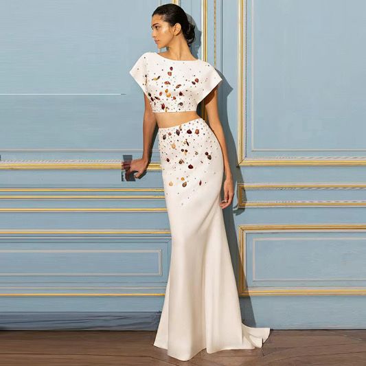 Metallic Chevron Inset Tiered Halter Gown