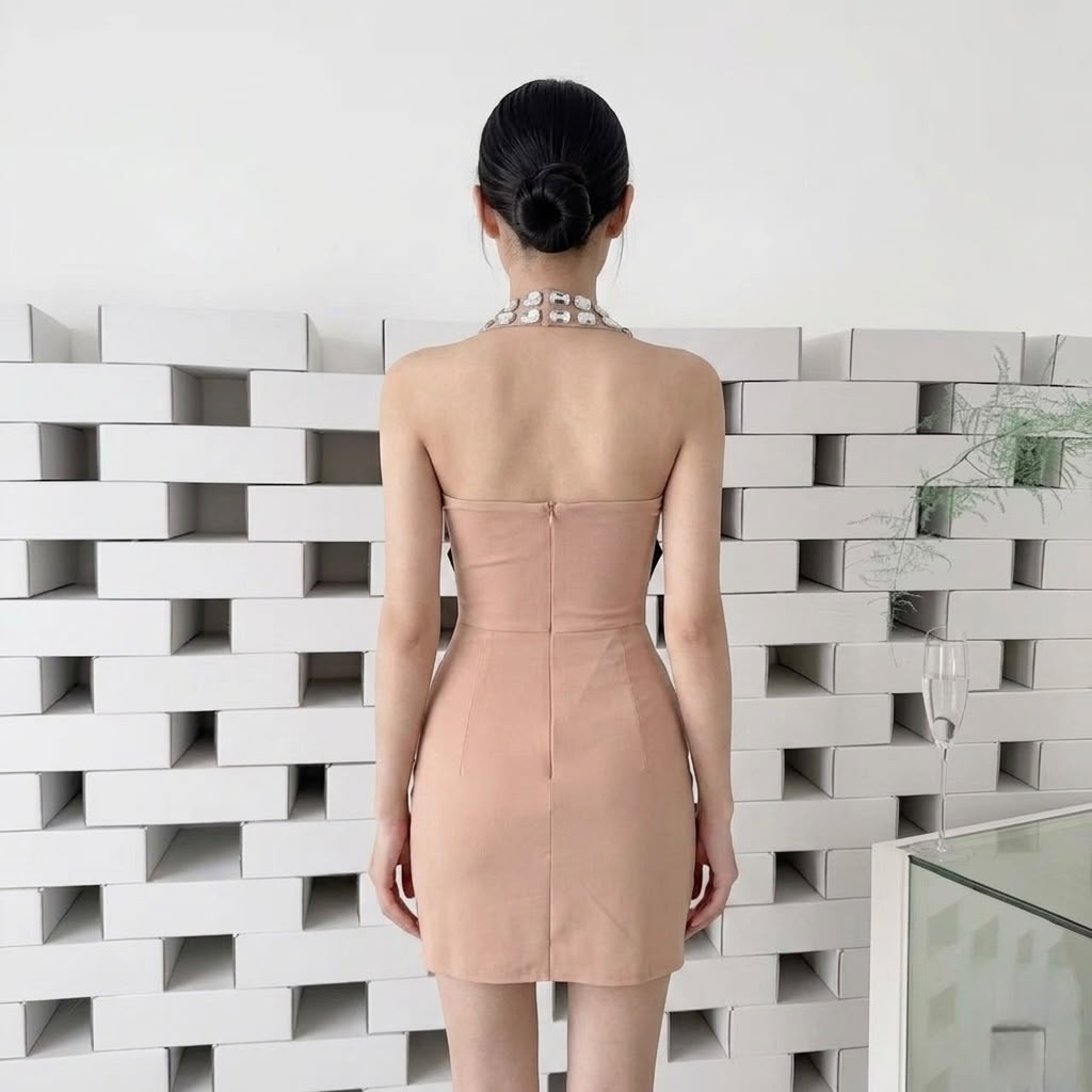 Crystal Embellished Halter Mini Dress with Black Bow