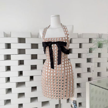 Crystal Embellished Halter Mini Dress with Black Bow
