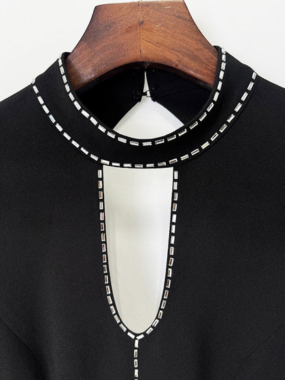 High Neck Keyhole Black Evening Gown with Crystal Embellished Trim