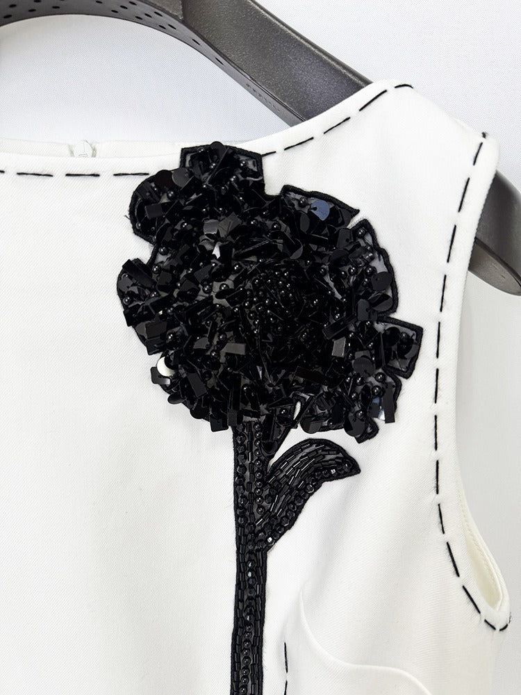 White Sleeveless Mini Shift Dress with Black Contrast Stitching and Floral Applique