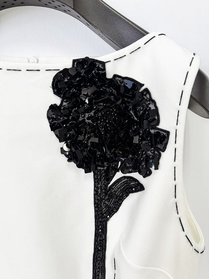 White Sleeveless Mini Shift Dress with Black Contrast Stitching and Floral Applique