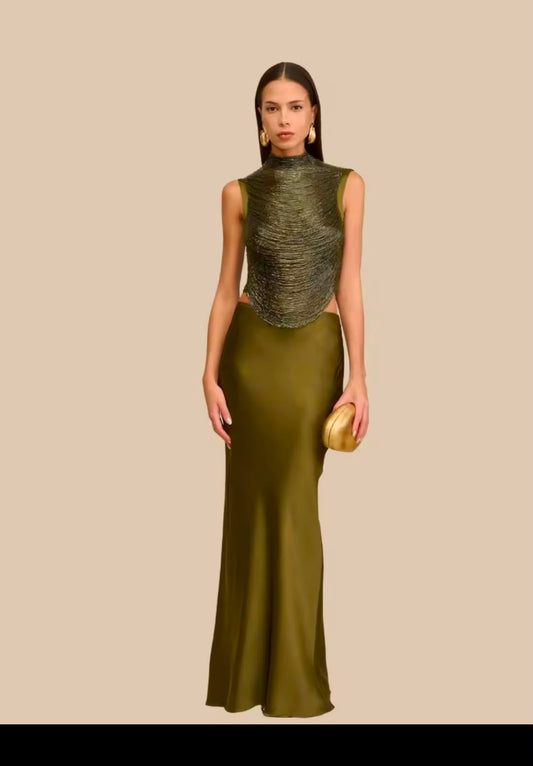 Olive Metallic Draped Top and Satin Maxi Skirt Set