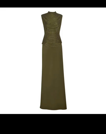 Olive Metallic Draped Top and Satin Maxi Skirt Set